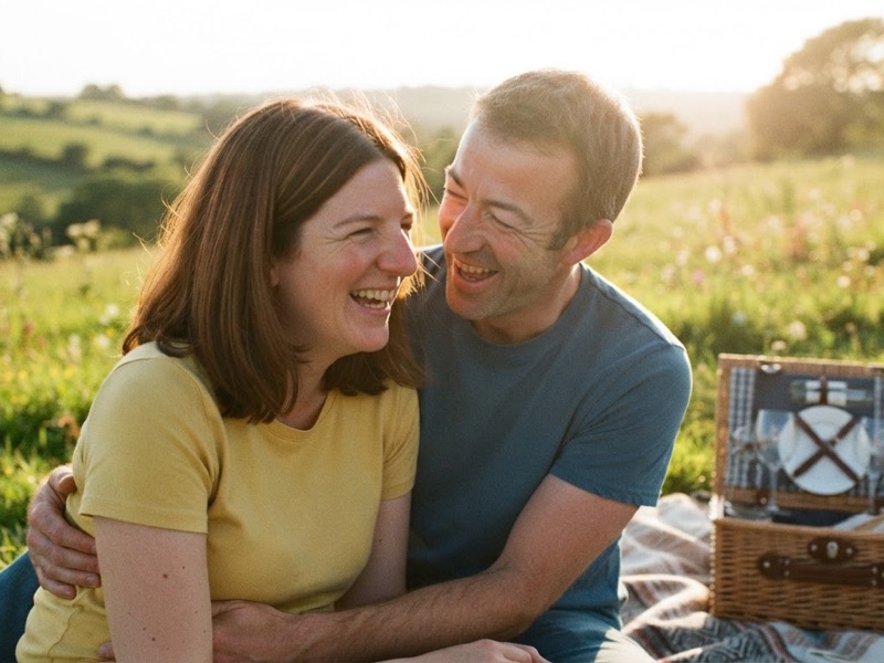 A couple laughing together at a picnic in the fields
