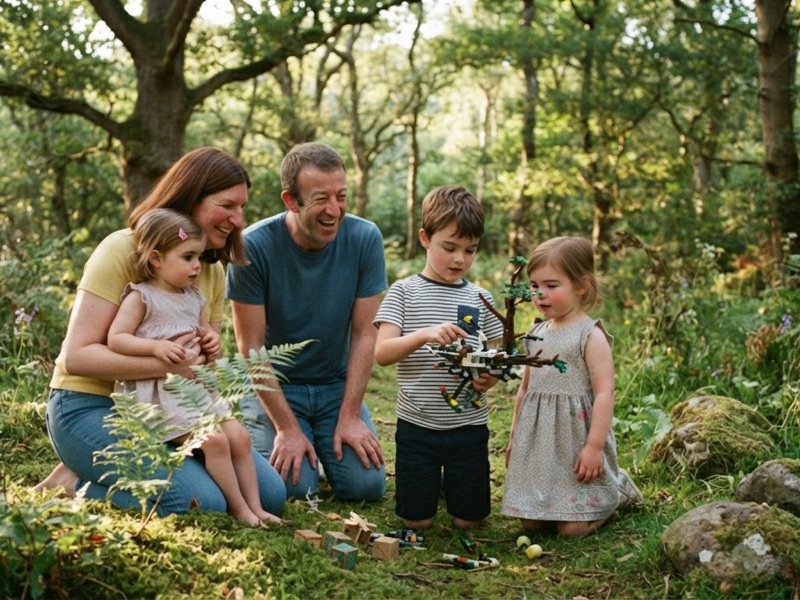 A family exploring a green wood together