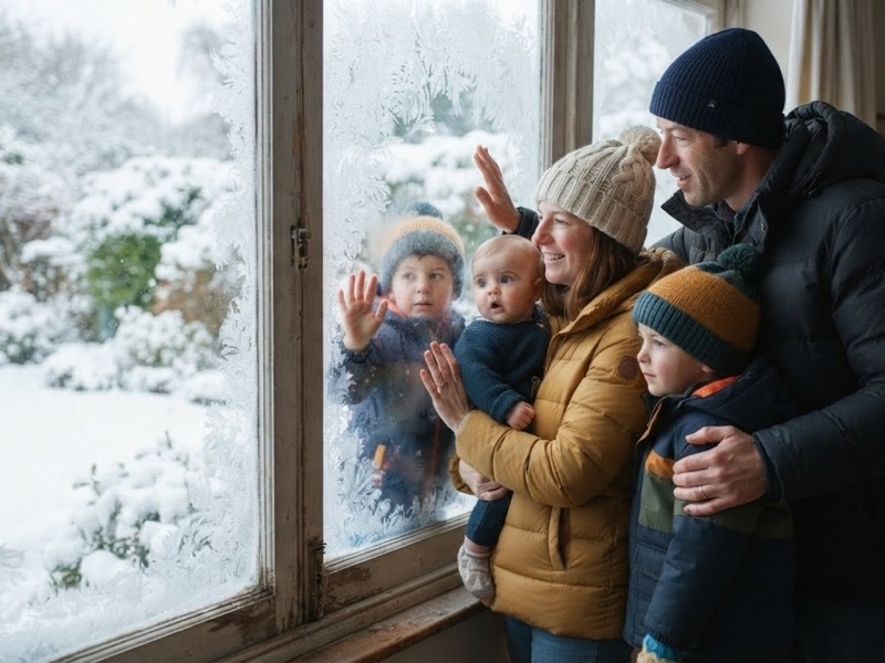 Children watching the first snow fall from the window